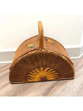 Vintage 1970's Wicker picnic Basket, Half moon Shaped with Sunflowers FULL SET